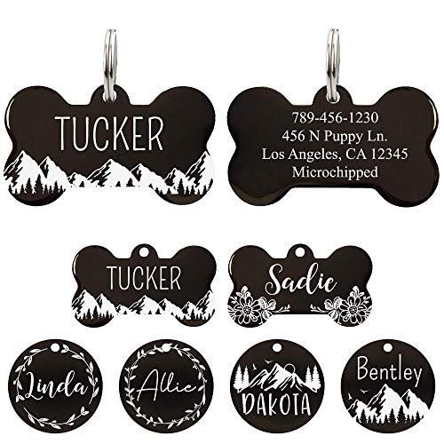 Ultra Joys Stainless Steel Pet ID Tag Dog Name Tags Personalized Front and Back Engraving, Customized Dog Tags and Cat Tags, Optional Engraved on Both Sides, Bone Tag with Mountain Design, Large