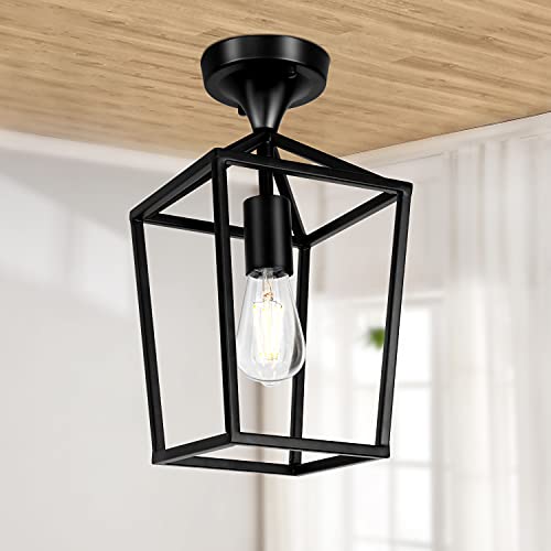 【Upgraded】 Semi Flush Mount Ceiling Light, Black Industrial Ceiling Light Fixtures, Farmhouse Light Fixture for Entryway Porch Hallway Stairway Garage Living Room Dining Room Balcony