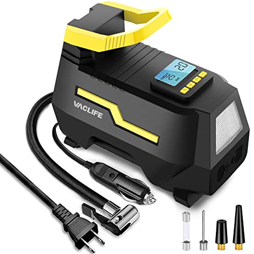 VacLife AC/DC 2-in-1 Tire Inflator - Portable Air Compressor, Air Pump for Car Tires (up to 50 PSI), Electric Bike Pump (up to 150 PSI) w/Auto Shut-Off Function, Model: ATJ-1666, Yellow (VL708)