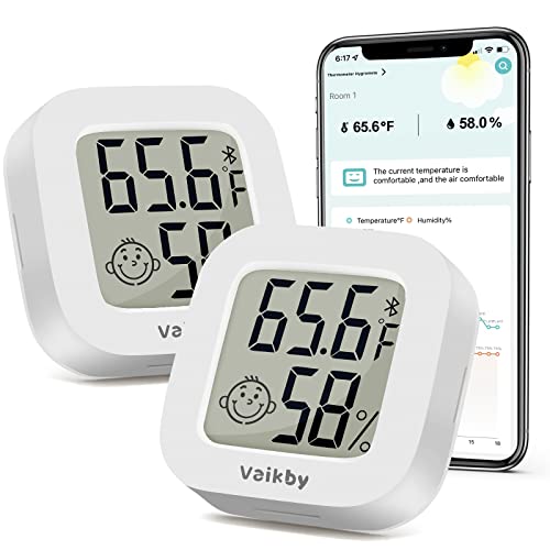 Vaikby Bluetooth Hygrometer Thermometer 2Pack, Smart Humidity Meter with Remote App Control Monitor, Indoor Room Thermometer for Home Greenhouse, Hight Accurate Temperature Sensor, Free Data Storage
