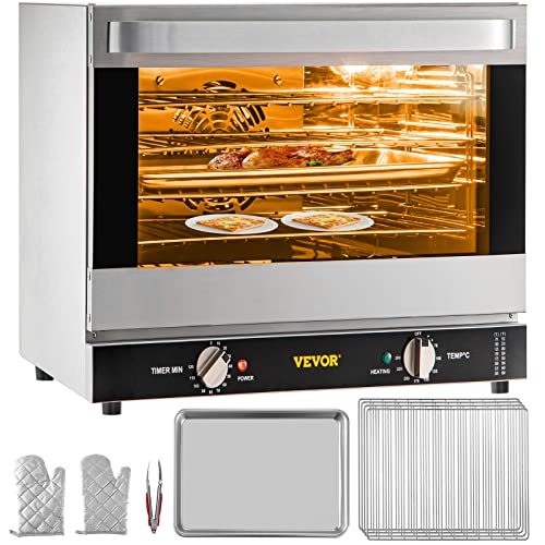 VEVOR Commercial Convection Oven, 66L/60Qt, Half-Size Conventional Oven Countertop, 1800W 4-Tier Toaster w/ Front Glass Door, Electric Baking Oven w/ Trays Wire Racks Clip Gloves, 120V