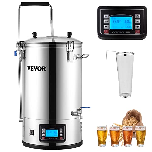 VEVOR Electric Brewing System, 9.2 Gal/35 L Brewing Pot, All-in-One Home Beer Brewer w/Pump, Mash Boil Device w/Panel, Auto/Manual Mode 100-1800W Power 25-100℃ Temp 1-180 min Timer Recipe Memory