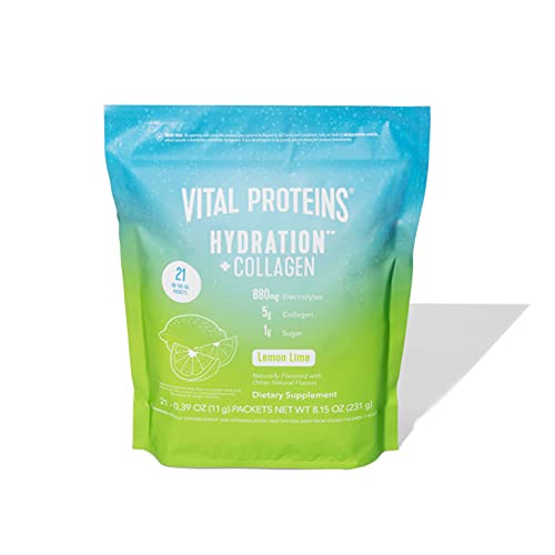 Vital Proteins Hydration + Collagen Powder Packets, Low Sodium Electrolyte Powder, Supplement Electrolyte Drink Mix, 1g Functional Sugar, 880mg Electrolytes, 100% DV Vitamin C - Lemon Lime, 21 Count