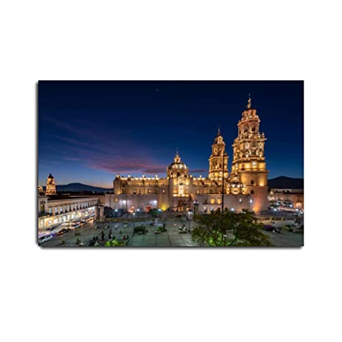 VIUBGCPS Canvas Print Pictures Wall Art Painting Sunset View of Morelia Cathedral Michoacan Mexico Framed & Stretched Posters Ready to Hang Home Decor Artworks - 20x32inch