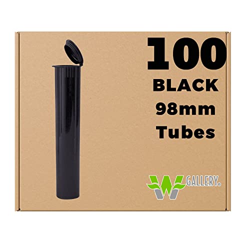 W Gallery 100 Black 98mm Tubes, Pop Top Joints are Open, Smell-Proof Pre-Roll Blunt J Oil-Cartridge BPA-Free Plastic Container Holder Vial fits RAW Cones 98mm 84mm 83mm 98 Special 1 1/4, 80mm