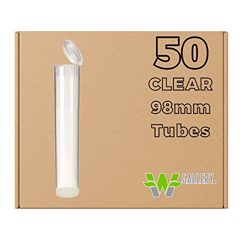 W Gallery 50 Clear 98mm Tubes, Pop Top Joints are Open, Smell-Proof Pre-Roll Blunt J Oil-Cartridge BPA-Free Plastic Container Holder Vial fits RAW Cones 98mm 84mm 83mm 98 Special 1 1/4, 80mm