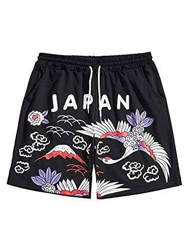 WDIRARA Men's Japanese Letter Graphic Print Drawstring Waist Active Shorts with Pocket Multicolor Black S