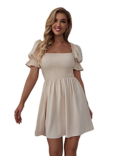 WDIRARA Women's Square Neck Flounce Short Sleeve Shirred Ruffle Hem Dress M Beige