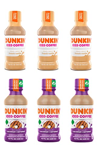 Westernmby Dunkin Donuts Iced Coffee Variety Pack 13.7 fl oz, 3 French Vanilla, 3 Coconut Caramel, total 6 bottles 13.7 Fl Oz (Pack of 6)