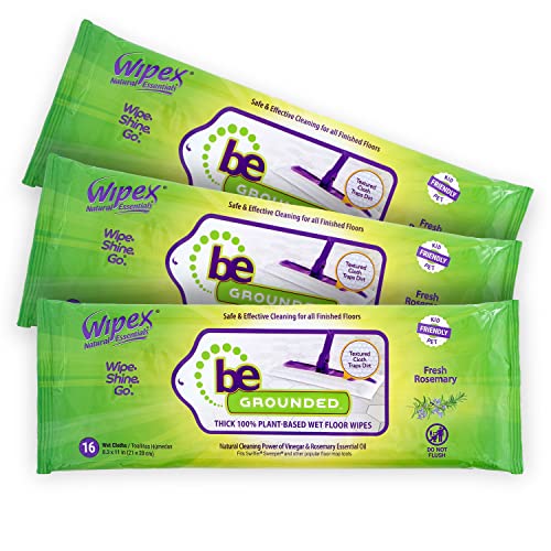 Wipex Wet Floor Wipes - Natural Wet Mop Pads Fit Swiffer Sweeper Mop - Rosemary Essential Oil & Vinegar & Plant-Based Textured Cloth Trap Absorb Dirt, Value Size - 48 Floor Cleaner Pads