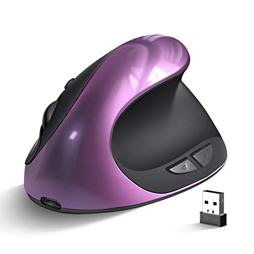 Woddlffy Ergonomic Mouse Wireless,Rechargeable Vertical Mouse Right Handed Small Mouse with 6 Buttons 3 Adjustable 800/1200/1600 DPI for Laptop,Desktop,PC, MacBook（Purple