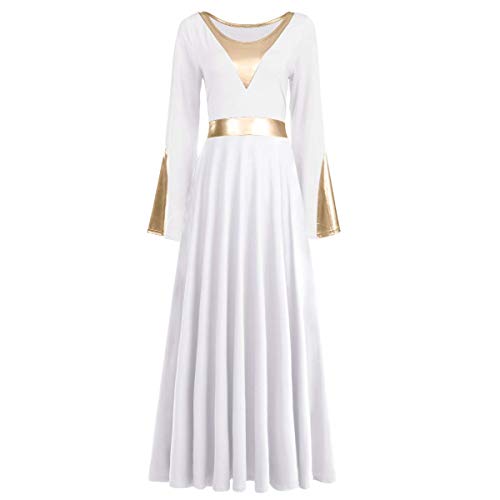 Women Metallic Color Block Liturgical Praise Dance Dress Bell Long Sleeve Lyrical Dancewear Gowns Worship Costume White + Gold L