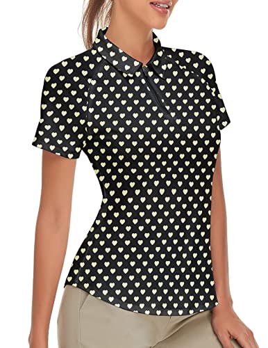 Women's Floral Golf Shirts Short Sleeve Golf Outfits Dry Fit Collared Shirts (Black Floral, X-Large)