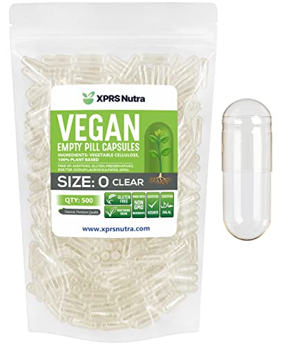 XPRS Nutra Size 0 Empty Capsules - 500 Count Clear Empty Vegan Capsules - Vegetarian Empty Pill Capsules- DIY Vegetable Capsule Filling- Veggie Pill Capsules Empty Caps