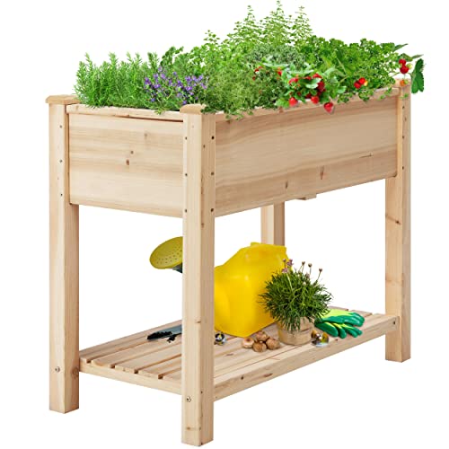 Yaheetech Raised Garden Bed Planter Box with Legs & Storage Shelf Wooden Elevated Vegetable Growing Bed for Flower/Herb/Backyard/Patio/Balcony 34x18x30in