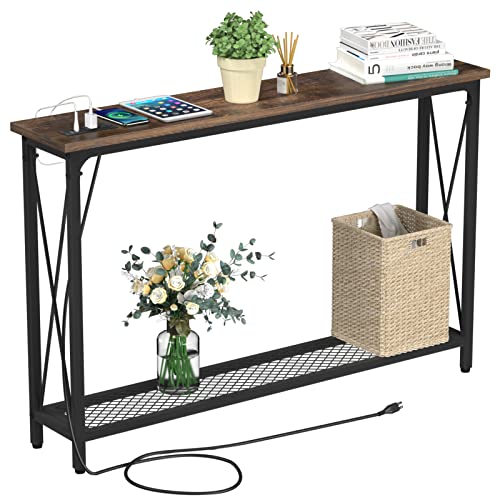 Yoobure Console Tables Entryway 47.3" Sofa Tables Narrow Long Entry Table with USB Ports Behind Couch Entrance Hallway Table with Stable Metal Support Living Room, Rustic Brown