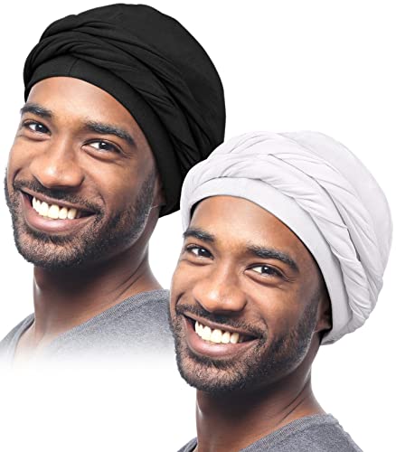 Yuest 2 Pcs Men Turbans Halo Head Wrap for Black Men Durag Scarf Headwrap for Dread Blue Turbans