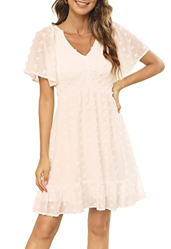 Zattcas Womens Smocked Mini Dress Short Sleeve V Neck Swiss Dot Babydoll Dress Cream S