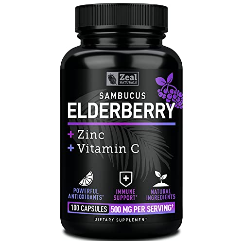 Zeal Naturals Max Strength Elderberry Capsules + Zinc + Vitamin C | 500mg for Immune System Support with Black Sambucus Elderberry | 100 Count | 3-in-1 Immune Support for Adults