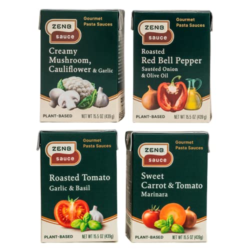 ZENB Plant Based Gourmet Pasta Sauce, Made From 100% Whole Veggies, Dairy Free, Roasted Tomato, Sweet Carrot, Roasted Red Bell Pepper, and Creamy Mushroom Variety Pack, 15.5 oz Boxes (Pack of 4)