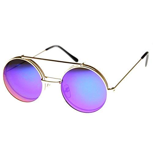 zeroUV Limited Edition Mirror Flip-Up Lens Round Circle Django Sunglasses (Gold Midnight)