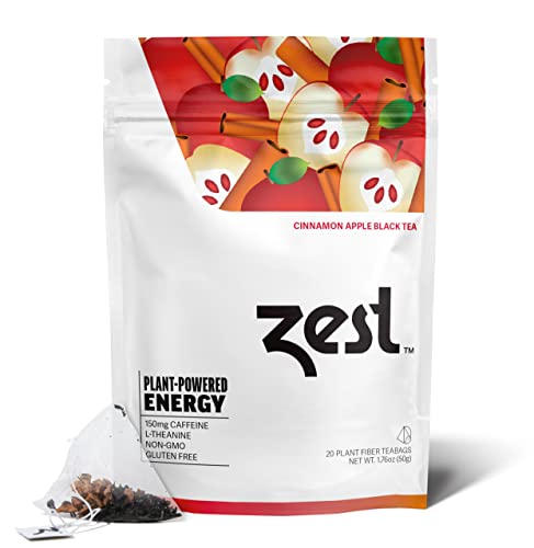 Zest 150mg High Caffeine Energy Leaf Blend - Cinnamon Apple Black Tea - 20 Pack Bag - All Natural Strong Flavored Healthy Coffee Alternative Highly Caffeinated Substitute - Perfect for Keto Diet