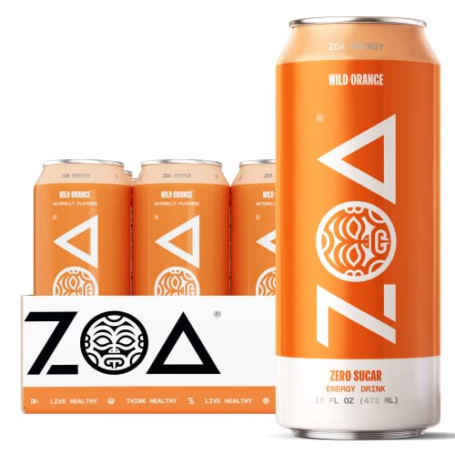 ZOA Zero Sugar Energy Drinks - Healthy Energy Formula with Vitamins, Electrolytes, Antioxidants, 210mg of Natural Caffeine - Wild Orange, 16 Ounce (Pack of 12)