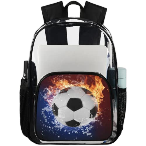 ZQYLAN Soccer Ball In Fire Flames And Splashing Water Clear Backpack Heavy Duty PVC Large Transparent Backpack See Through Backpack for Work Travel School Sports College