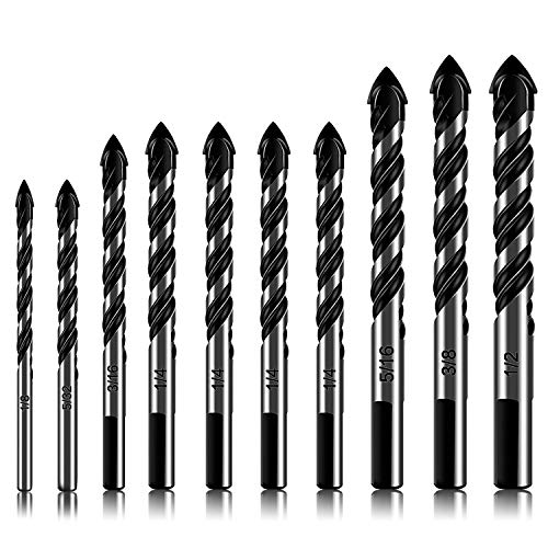 10-Piece Masonry Drill Bits Set for Tile Glass Ceramic Brick Wood, 1/8 to 1/2 Inch Drilling Bits with Triangle Handle, YG8 Tungsten Steel Alloy Tip.（Black）