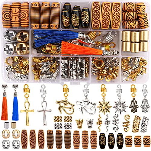 110PCS Hair Tube Beads Retro Metal Dreadlock Accessories Wooden-Like Barrel Beads Braiding Hair Jewelry Handmade DIY Tassel Sunflower Decoration Snake Loc Braids Coil for Men Women Hip-Hop Style