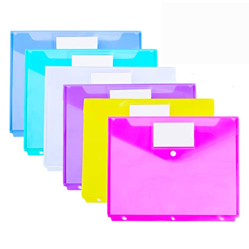 12 Pack Poly Binder Pocket, Side Loading,Letter Size, Pocket Folders Poly Envelopes Clear Document Folders for 3 Ring Binder with Label Pocket & Snap Button