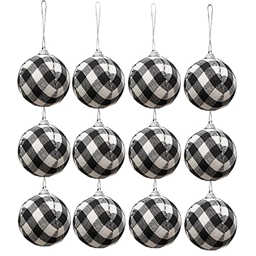 12pcs Christmas Ball Buffalo Plaid Fabric Christmas Baubles Hanging Ornaments Xmas Balls Baubles Decorative Christmas Tree Hanging Ornaments Hanging Crafts for Party Holiday Decoration