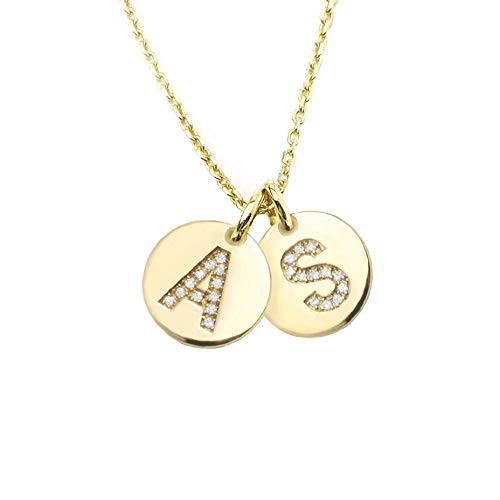 14K Solid Custom Diamond Disk Necklace, Personalized Dainty Solid Gold Charm Diamond Pendant Necklace, 14k Real Gold Initial Letter Pendant.