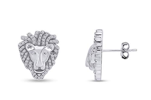 14K White Gold Over Sterling Silver White Cubic Zirconia Lion Head Stud Earrings For Mens