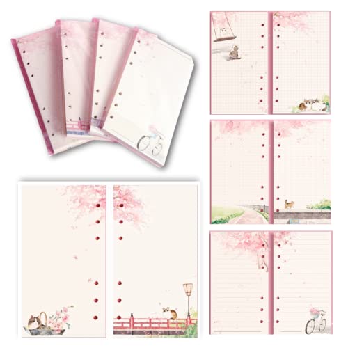 160 Pages (80 Sheets) A6 Color Loose Leaf Notebook Inner Page Paper, 4 Styles, A Total of 8 Different Patterns，Pink Cherry Blossom, Kitten and Bicycle Patterns (JINGEVIIP)