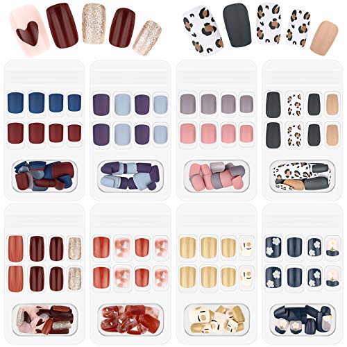 192 Pieces 8 Boxes Fake Nails Short Press on Nails False Colorful Acrylic Nails Christmas Full Cover Short Square False Nails Artificial Nail Tips with 8 Sheets Fake Nail Glue Stickers (Classic Style)