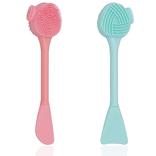 2 Pack Silicone Face Scrubber, 4 in 1 Facial Cleansing Brush, Handheld Face Wash Brush for Pore Cleansing, Gentle Exfoliating, Removing Blackhead , Blue and Pink