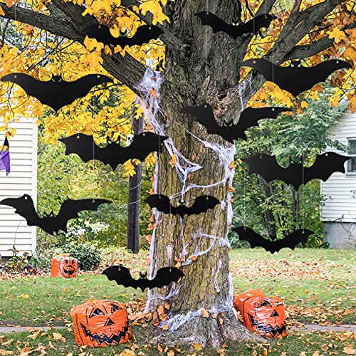 20pcs Halloween Hanging Bats Outdoor Decorations Different Sizes Fake Black Bats with Glow in the Dark Eyes for Halloween Outside Tree Yard Porch Decor Supplies