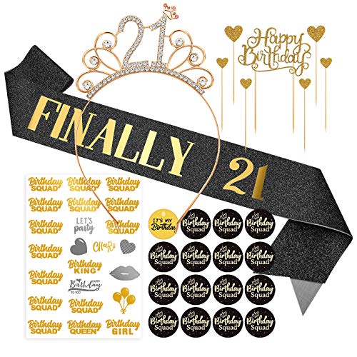 21st Birthday Decorations, 21 Birthday Sash Glitter Birthday Sash Tiara Headband Birthday Buttons Pins Gifts for Girls Women Birthday Party Supplies Favor