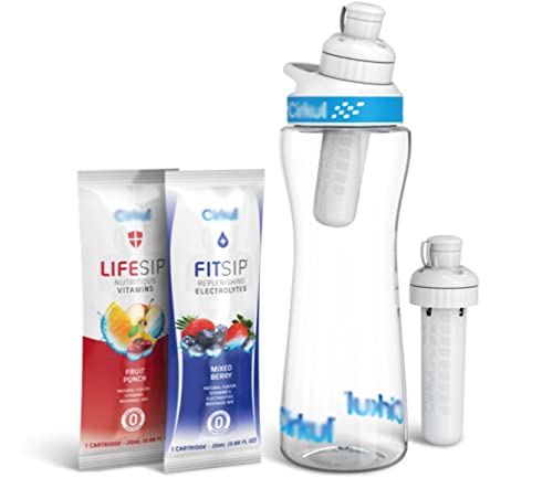 22 oz Plastic Water Bottle Starter Kit with Blue and White Lid and 2 Flavor Cartridges (Fruit Punch & Mixed Berry)