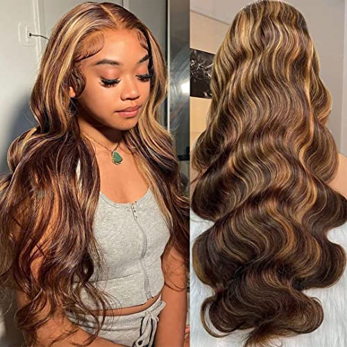 28 Inch 4/27 Ombre Lace Front Wig Human Hair 180 Density Honey Brown Highlight Wig Body Wave 13x4 HD Lace Front Wig Pre Plucked with Baby Hair Honey Blonde Lace Front Wig for Black Women