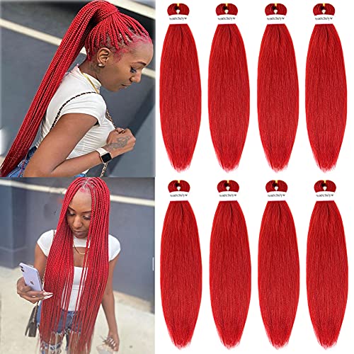28 inch 8 Packs EZ Red Braiding Hair Pre Stretched Knotless Expression Hair For Braids Burgundy Braiding Hair Long Synthetic Yaki Straight Hair Extension (Red)