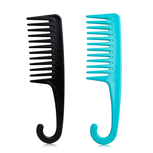 2PCS Premium Wide Tooth Comb, Shower Combs for Wet Curly Hair, Large Conair Detangling Comb with Hook for Curls, Wigs, Detangler Hair Brush with Handgrip for Knotting Wavy, Thick, Dry Hair Stylist