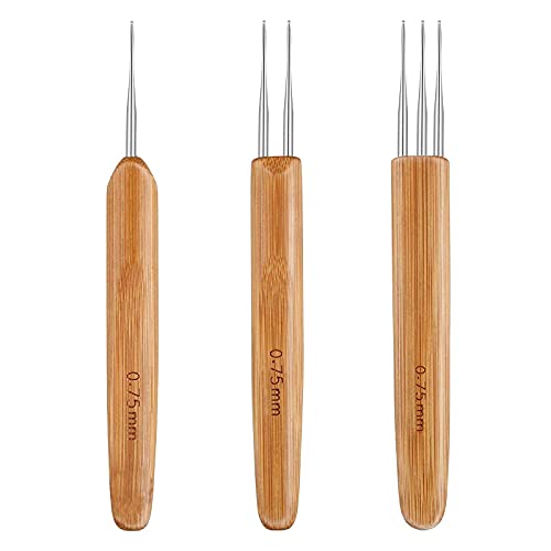 3 Different Dreadlock Crochet Hooks(1 Hook, 2 Hooks, 3 Hooks), Crochet Needles for Hair Dreadlock with Bamboo Handle, 0.75 mm Hair Weaving Dreadlock Hooks Tool Set