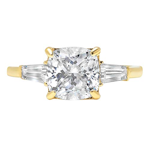 3.44ct Cushion Baguette cut 3 stone Solitaire Accent Stunning Genuine Moissanite Ideal VVS1 & Diamond Simulant Engagement Promise Statement Anniversary Bridal Wedding Ring Solid 14k Yellow Gold Size 7