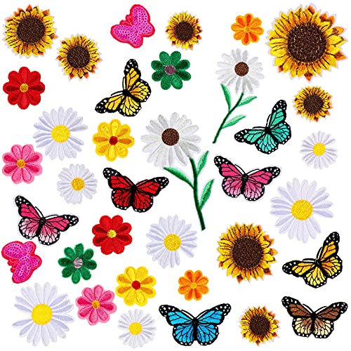 36 Pieces Flower Iron On Embroidered Patches Sunflower Cute Sew On Applique Patches for Clothing Large Colorful Decorative Patches for Clothes Dress Hat Jeans DIY (Butterfly, Sunflower, Daisy)