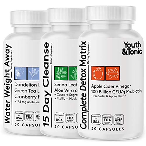 3pk Detox Cleanse Kick Off Weight Management | Colon Cleanser + Water Loss Pills w Dandelion + ACV Full Body Detox + Probiotics | Flat Stomach & Waist Line Reduction|Restart Metabolism Bloating Relief