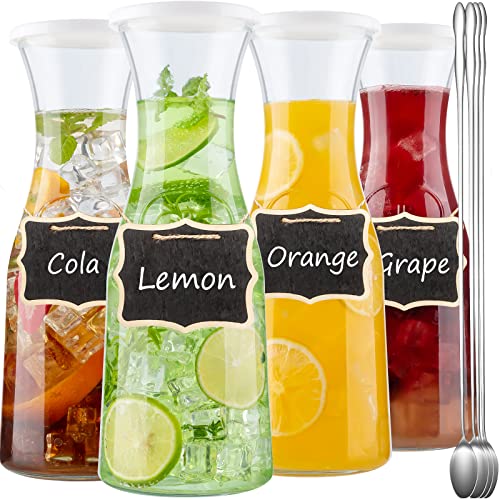 4 Pack Glass Carafe, GoldArea 35 oz Water Carafe with 8 Lids, 1 Liter Glass Pitcher, Ideal for Iced Tea, Lemonade, Beverage Jugs - 4 Long Spoons for Stirring and 4 Wooden Chalkboard Tags Included