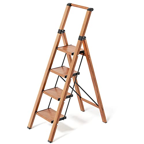 4 Step Ladder, Folding Step Stool with Convenient Handgrip for Home,Office,Kitchen, Woodgrain Lightweight Aluminum Step Stool with Anti-Slip Sturdy Pedal,330 lbs Capacity