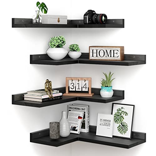 4 Tier Floating Corner Shelves Black Set of 4, Rustic Pine Wooden Floating Corner Wall Shelf for Wall Décor Storage, L Shaped Corner Shelf Wall Mount for Bedroom, Living Room, Bathroom, Kitchen.